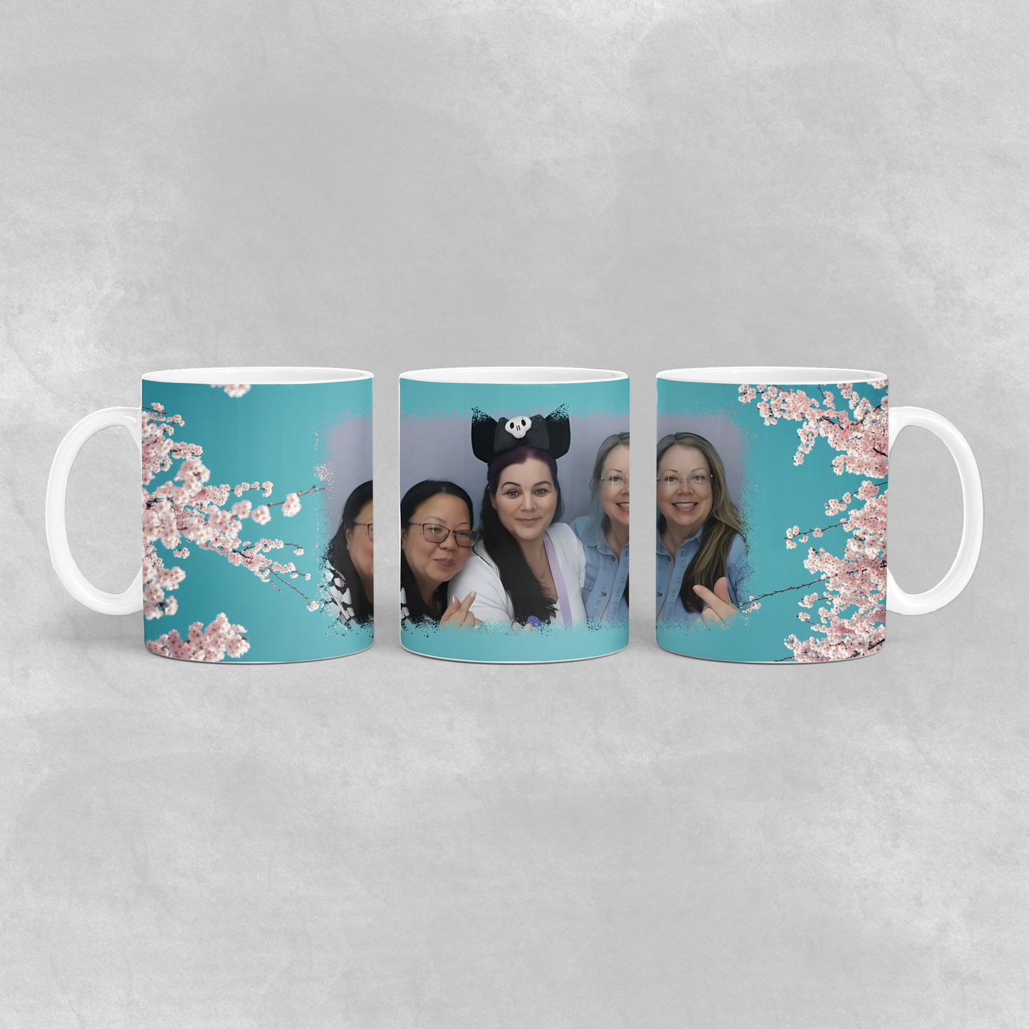 Cherry Blossom Teal Coffee Mug 11oz, Custom Photo Mug, Unique Gift, Personalized Tea Cup, Cute Floral Design, Kitchen Decor