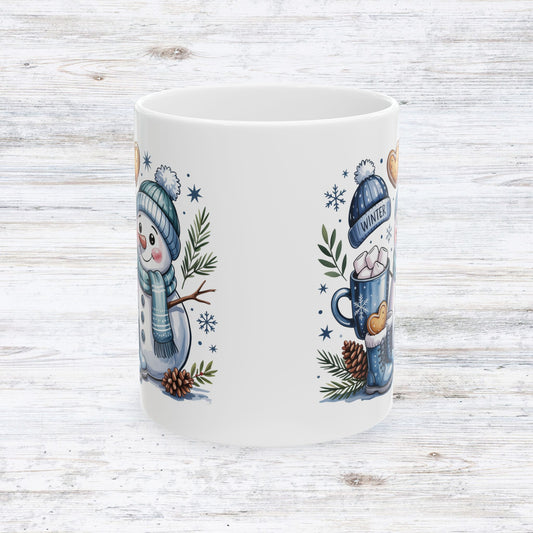 Snowman with Hot Cocoa Mug | Winter Snowflakes Pinecones