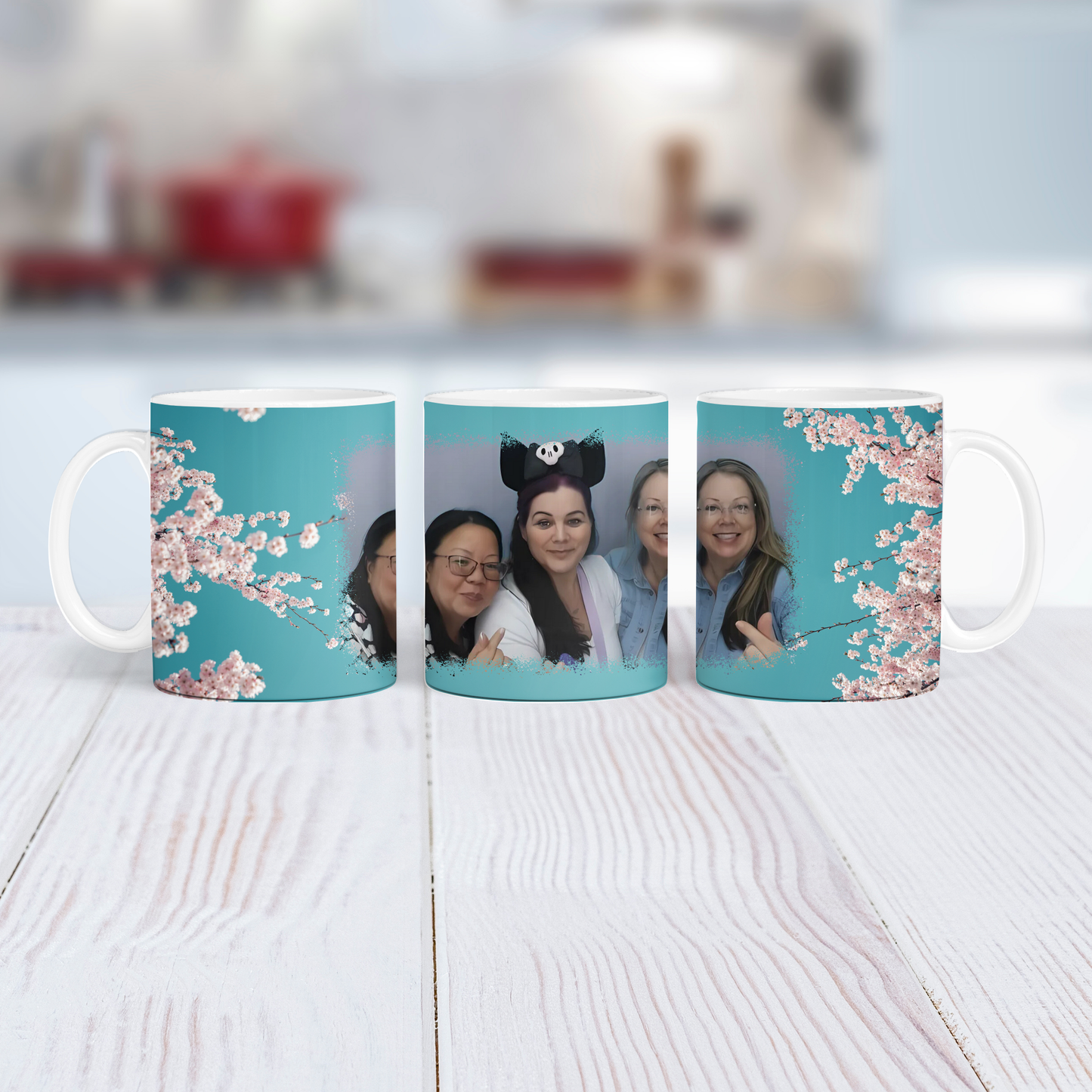 Cherry Blossom Teal Coffee Mug 11oz, Custom Photo Mug, Unique Gift, Personalized Tea Cup, Cute Floral Design, Kitchen Decor