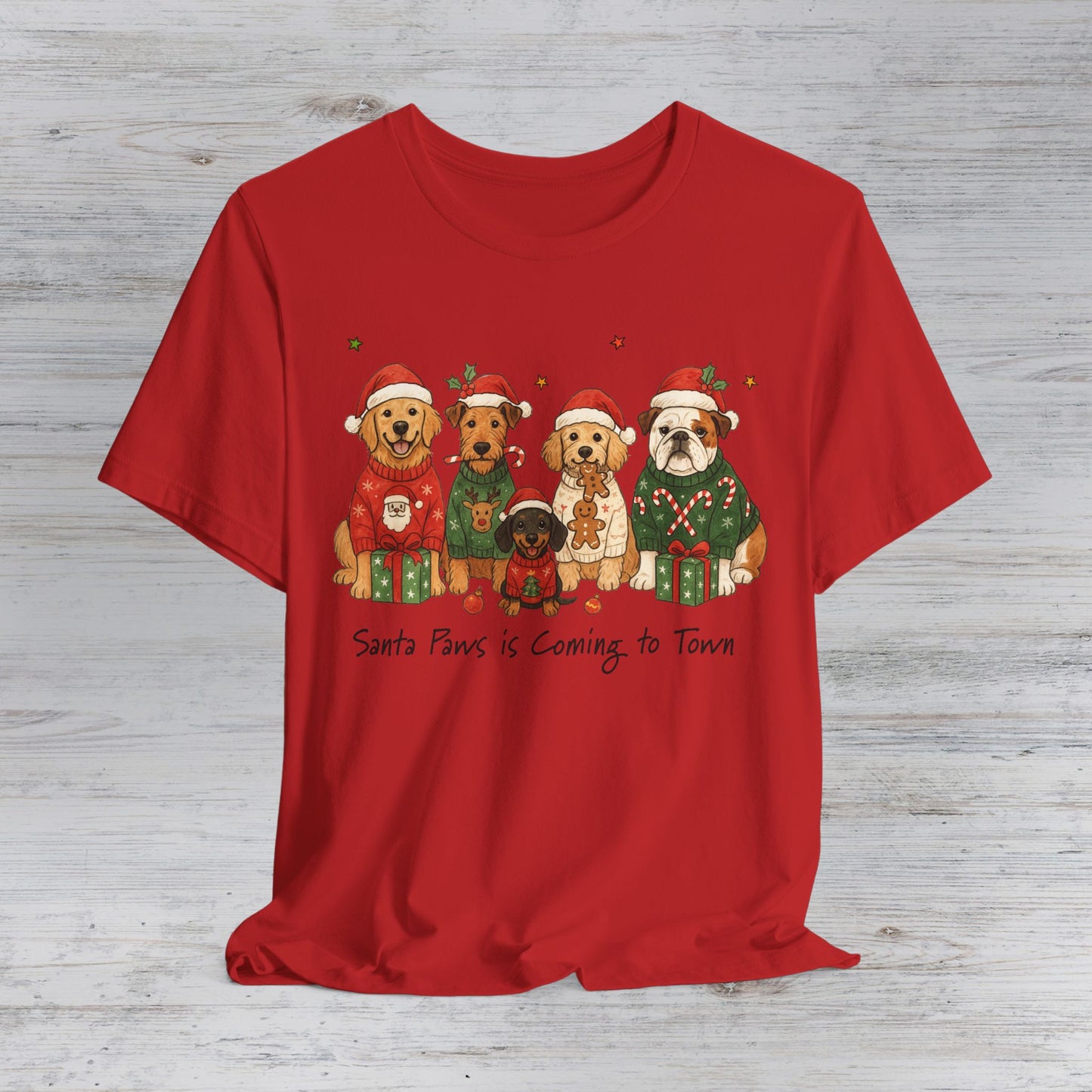 Santa Paws Dogs in Sweaters T-Shirt | Christmas Puppy Family Tee