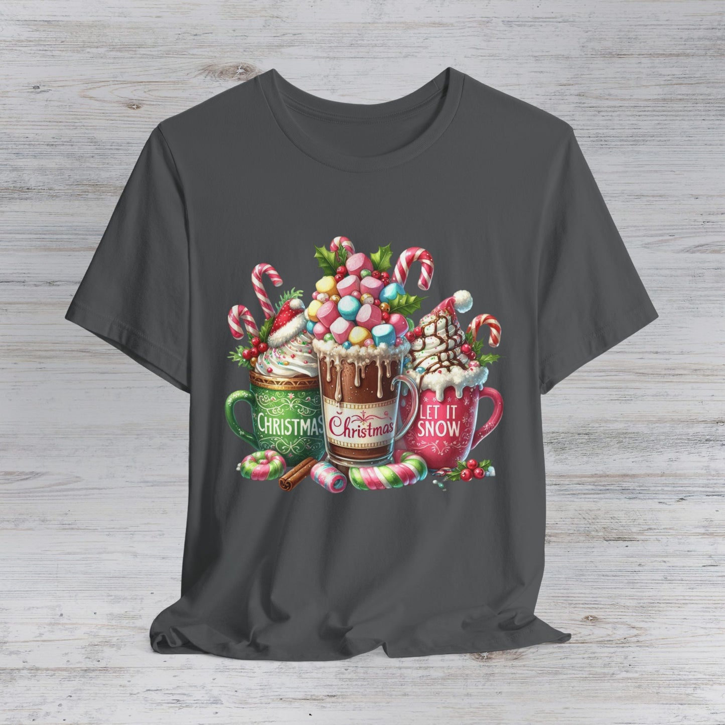 Christmas Hot Cocoa Tee — Festive Mugs, Candy Canes & 'Let It Snow' Holiday Shirt