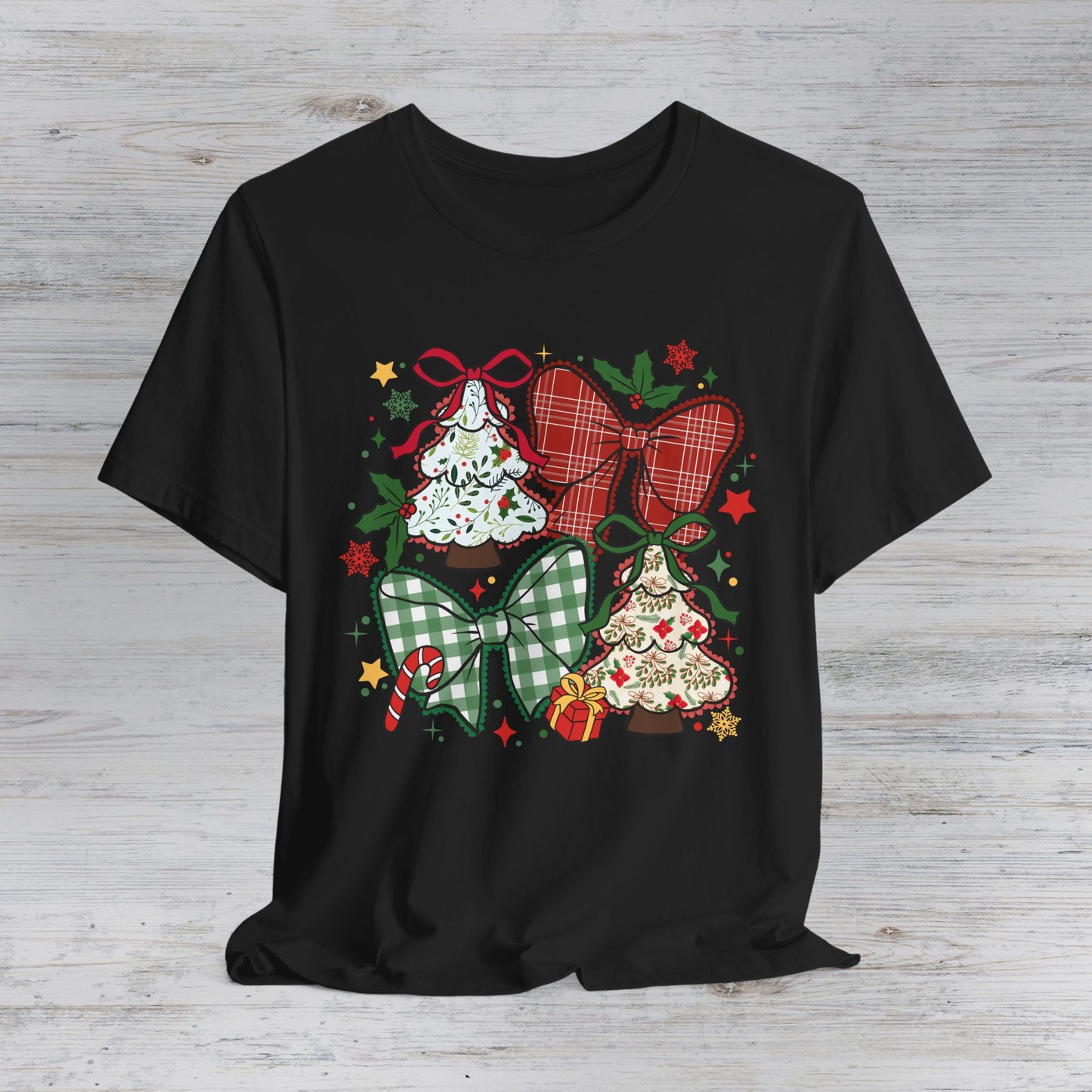 Christmas Bells Graphic Tee — Festive Plaid Bows Holiday T-Shirt