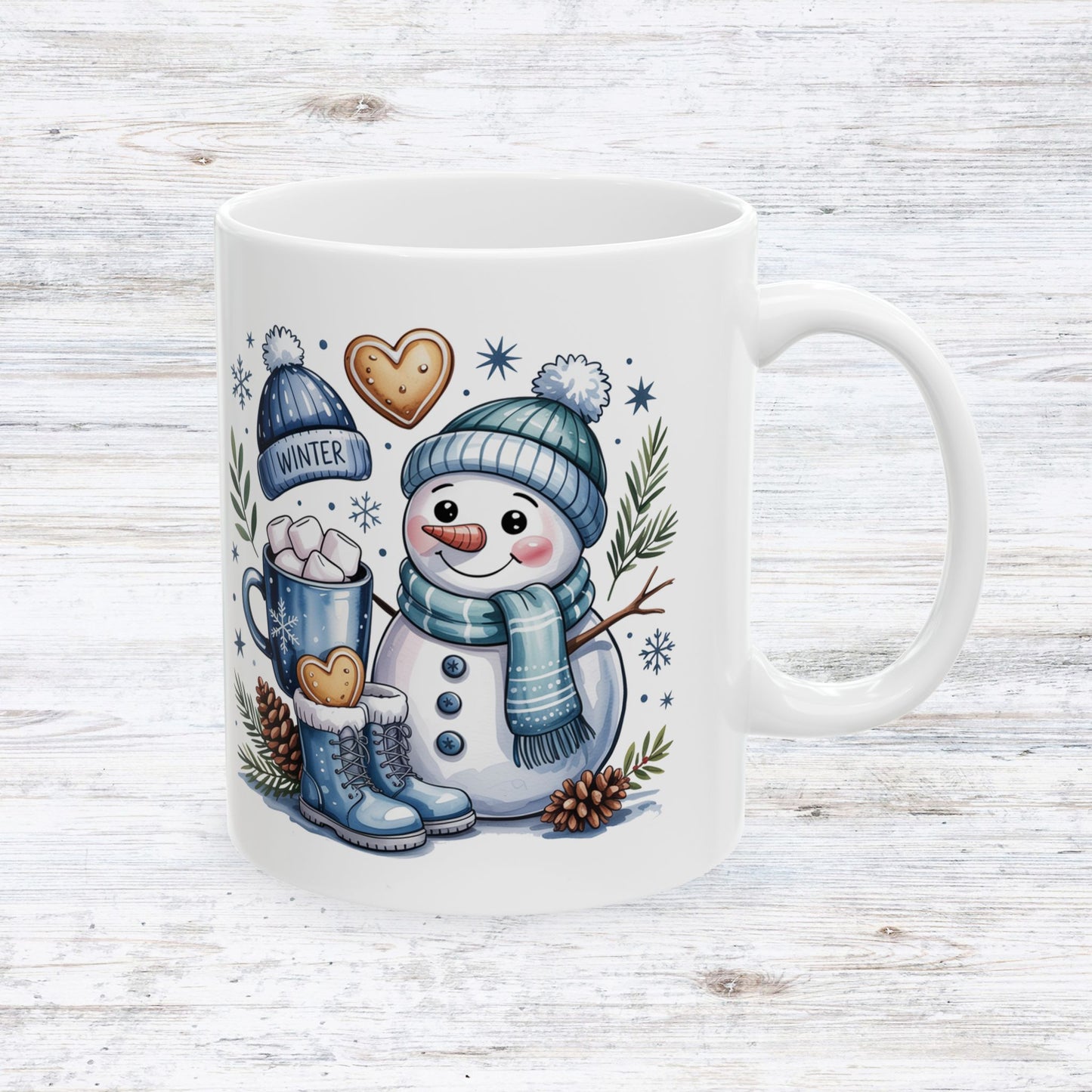 Snowman with Hot Cocoa Mug | Winter Snowflakes Pinecones
