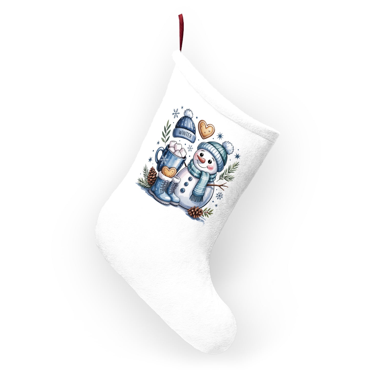 Snowman Hot Cocoa Design Christmas Stocking | Winter Snow Holiday Decor