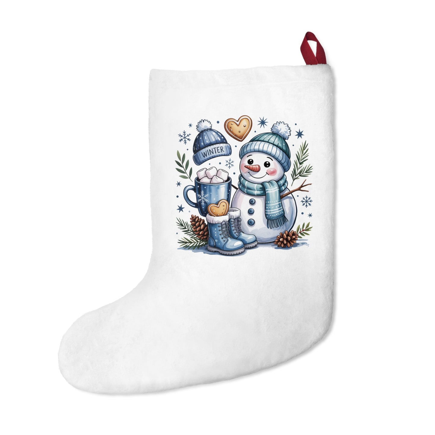 Snowman Hot Cocoa Design Christmas Stocking | Winter Snow Holiday Decor