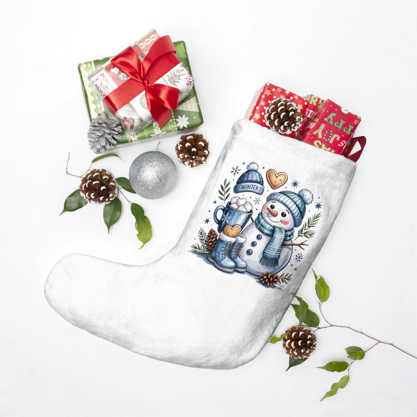 Snowman Hot Cocoa Design Christmas Stocking | Winter Snow Holiday Decor