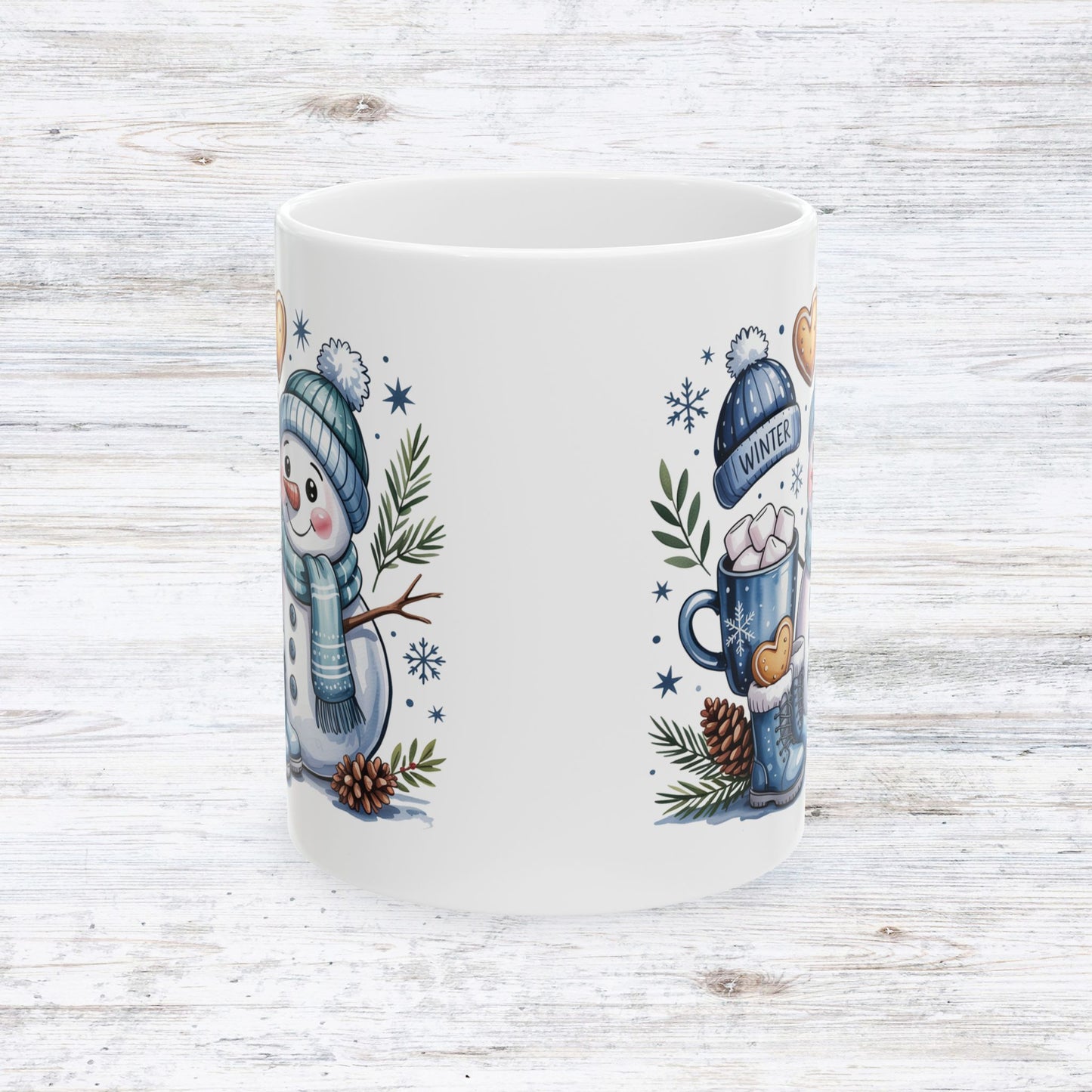Snowman with Hot Cocoa Mug | Winter Snowflakes Pinecones
