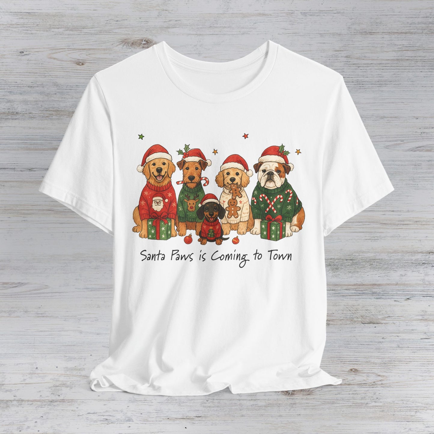 Santa Paws Dogs in Sweaters T-Shirt | Christmas Puppy Family Tee