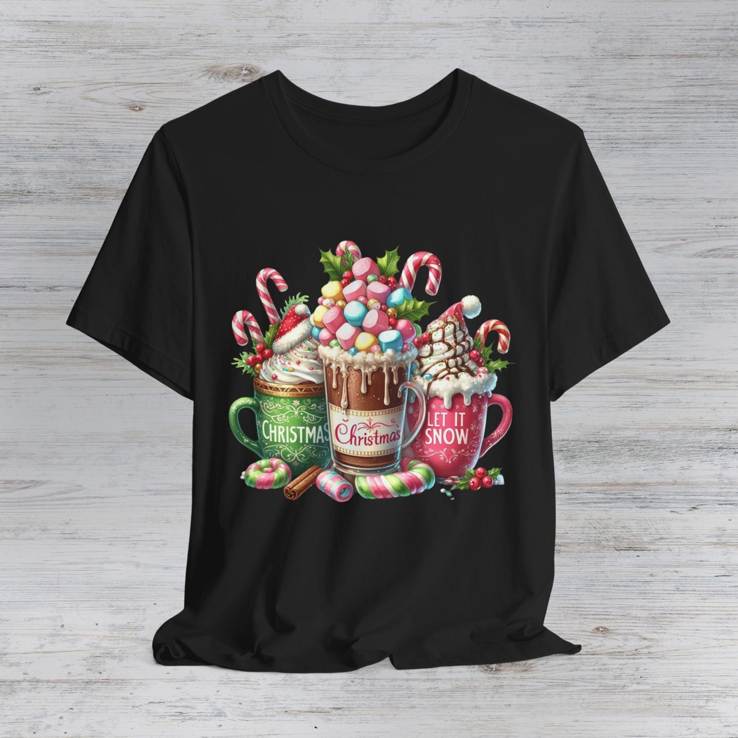 Christmas Hot Cocoa Tee — Festive Mugs, Candy Canes & 'Let It Snow' Holiday Shirt