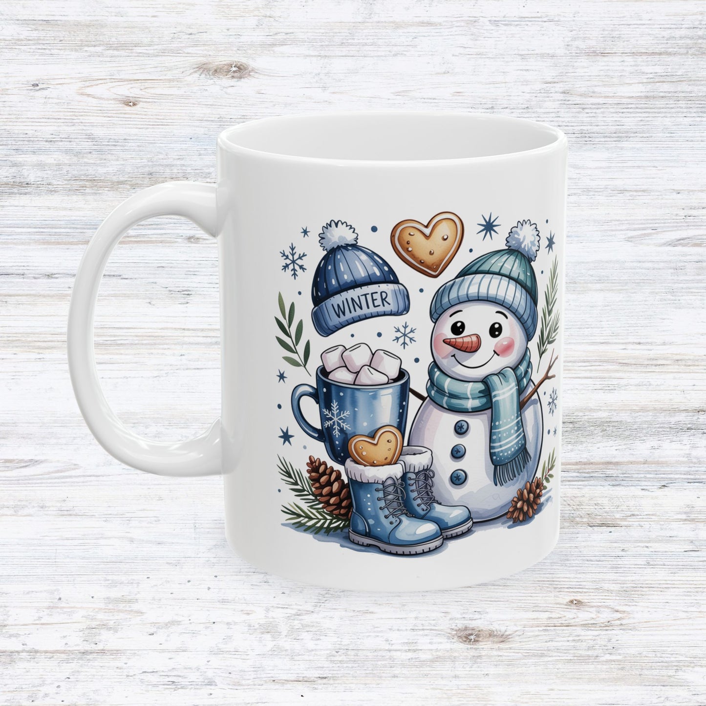 Snowman with Hot Cocoa Mug | Winter Snowflakes Pinecones
