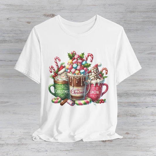 Christmas Hot Cocoa Tee — Festive Mugs, Candy Canes & 'Let It Snow' Holiday Shirt