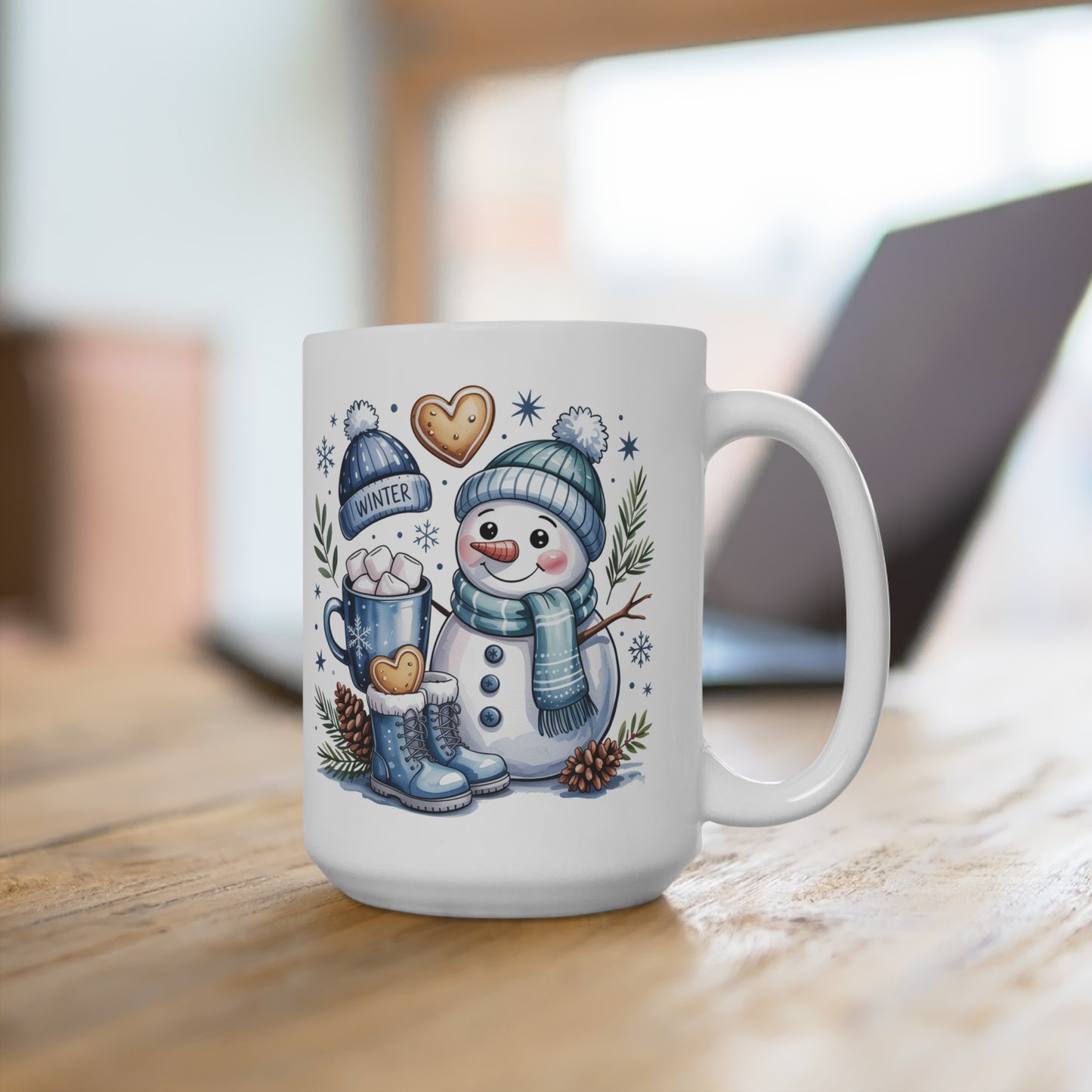 Snowman with Hot Cocoa Mug | Winter Snowflakes Pinecones