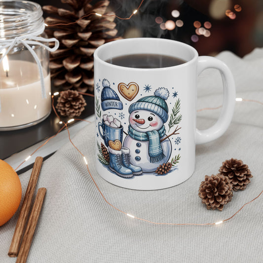Snowman with Hot Cocoa Mug | Winter Snowflakes Pinecones