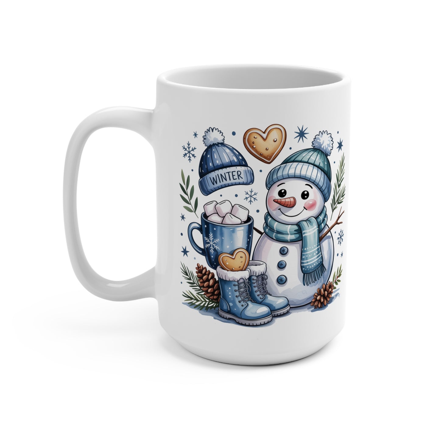 Snowman with Hot Cocoa Mug | Winter Snowflakes Pinecones
