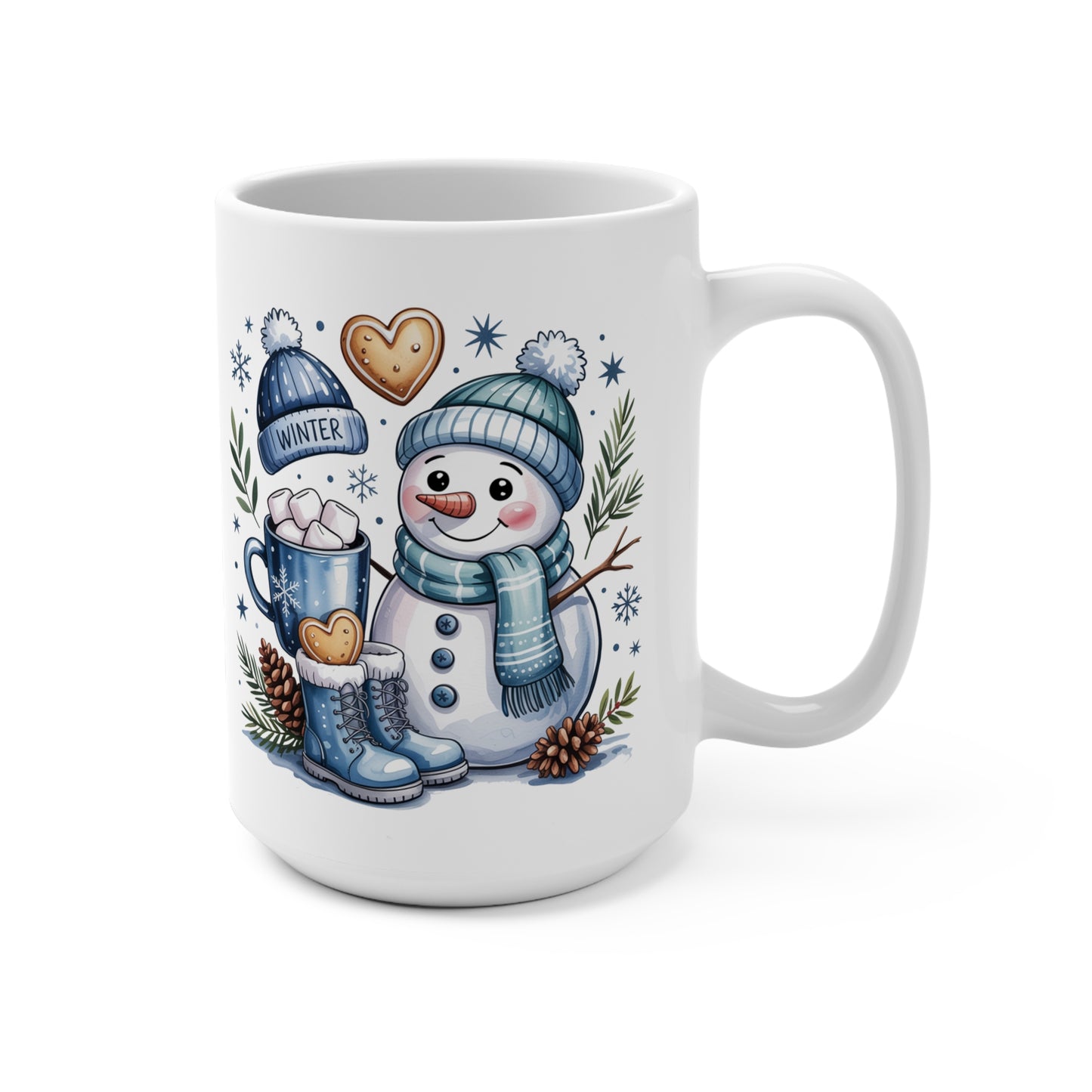 Snowman with Hot Cocoa Mug | Winter Snowflakes Pinecones